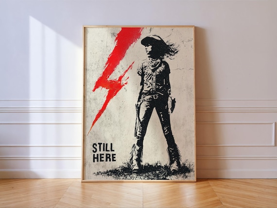 Still Here Cowgirl Stencil Red Lightning Bolt Street Art Poster