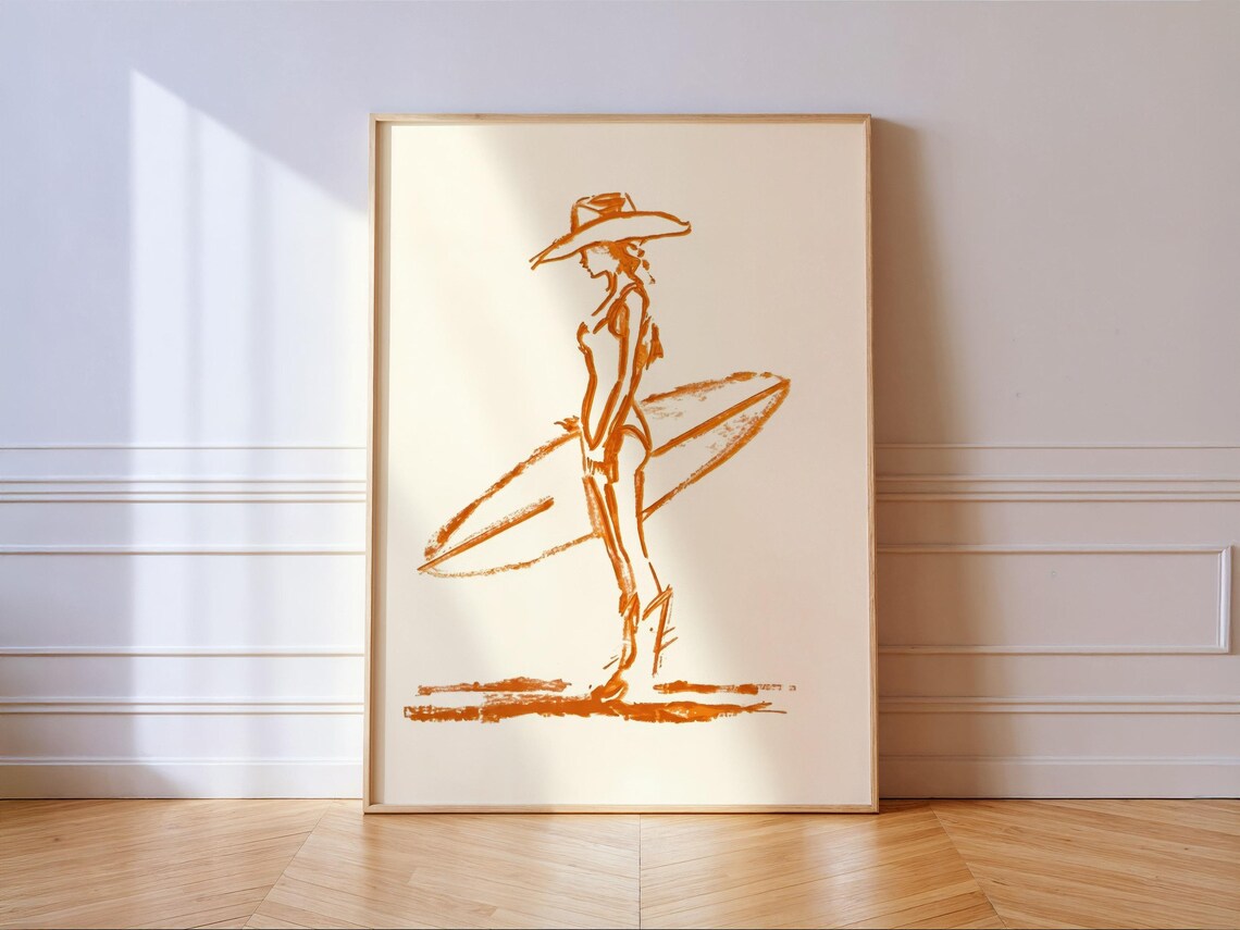Cowgirl Surfer Orange Ink Sketch Art Print