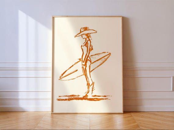 Cowgirl Surfer Orange Ink Sketch Art Print