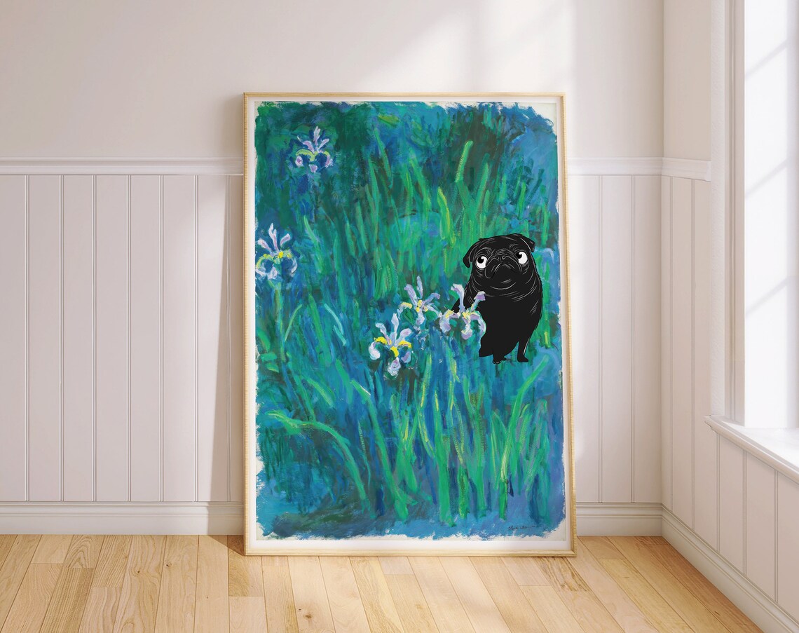 Pug Claude Monet Iris Dog, Art Print