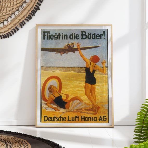 Vintage German Travel Poster Beach Airplane Art Midcentury Print