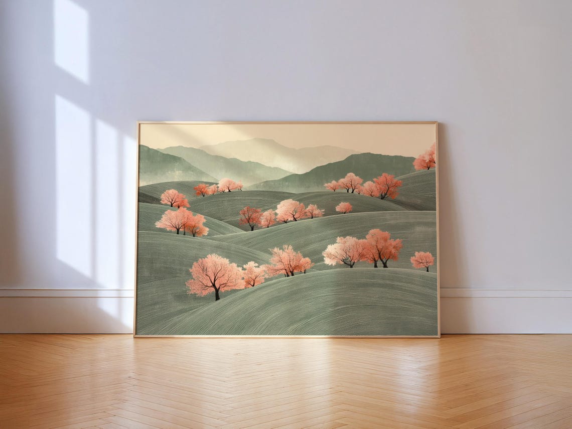 Cherry Blossom Trees On Green Rolling Hills Japanese Landscape Poster