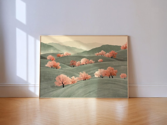 Cherry Blossom Trees On Green Rolling Hills Japanese Landscape Poster