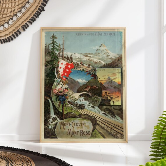 Mont Cervin Mont Rose Vintage Swiss Alps Railway Travel Poster