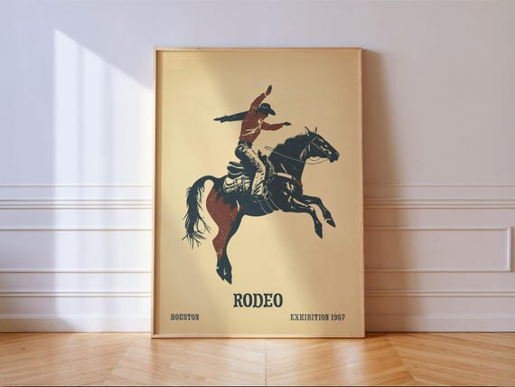 Rodeo Cowboy Art Print Bucking Bronco Western Vintage Poster Horse Rider Wall Gift