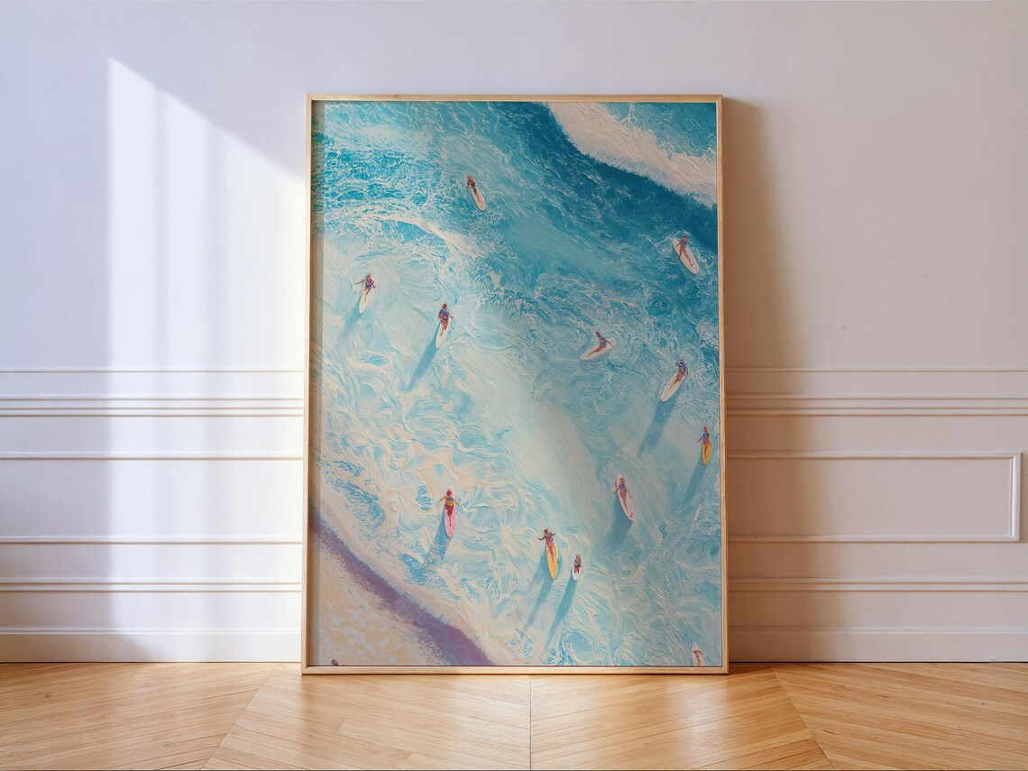Aerial Beach Surfers Art Print, Coastal Summer