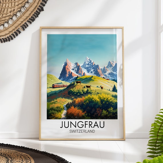 Jungfrau Switzerland Vintage Travel Poster Alpine Mountain Art Print