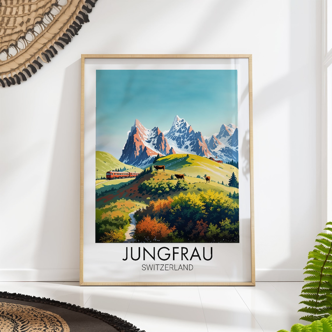 Jungfrau Switzerland Alpine Travel Mountain Train Cows Vintage Style Poster