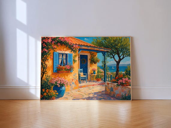 Seaside Cottage Print Mediterranean Coastal Garden Floral Wall Art