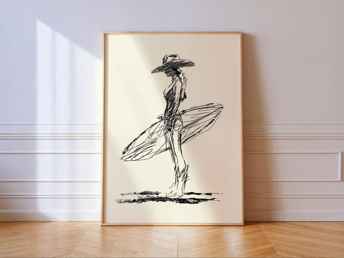 Cowgirl Surfer Girl Ink Sketch Western Beach Cowboy Hat Poster
