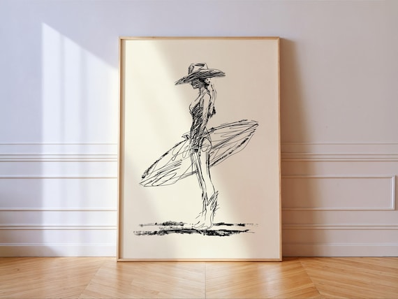 Cowgirl Surfer Girl Ink Sketch Western Beach Cowboy Hat Poster