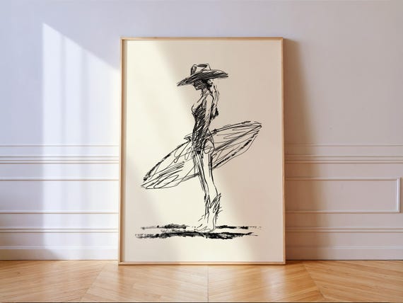 Cowgirl Surfer Wall Art Ink Sketch Beach Western Print