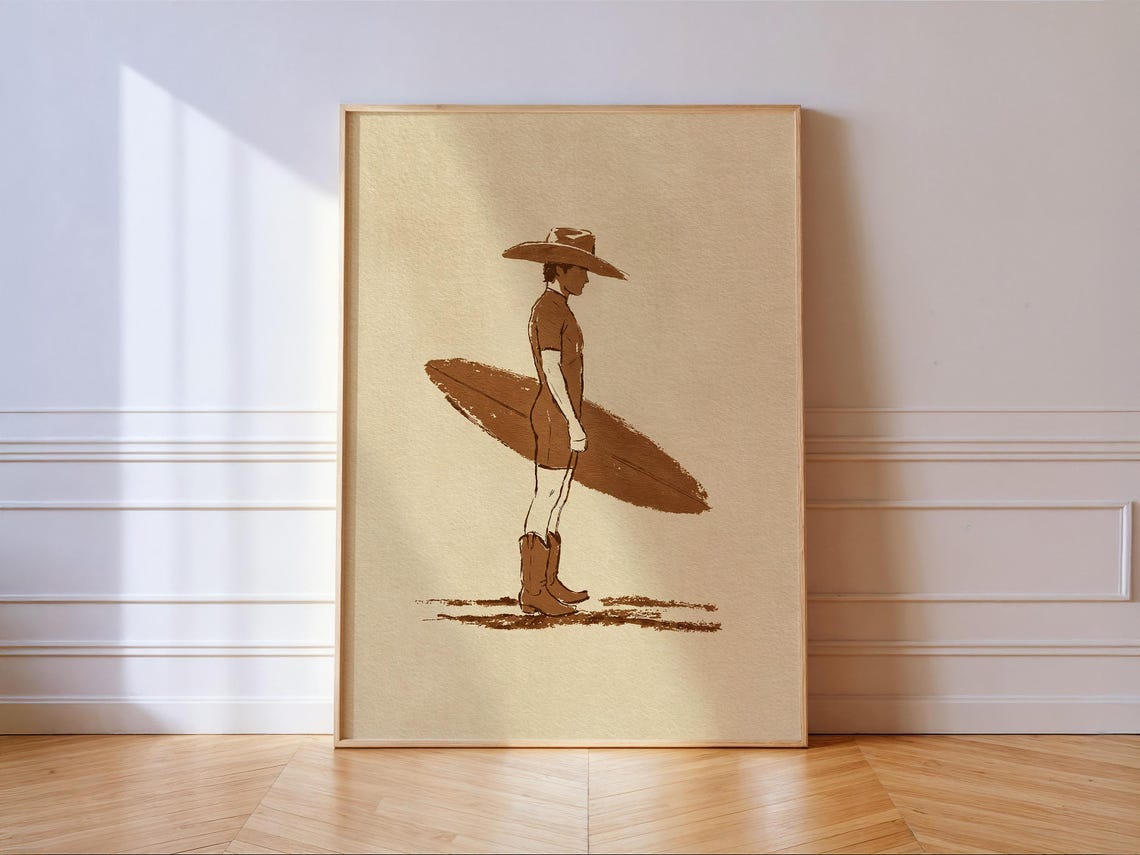 Cowboy Surfer Vertical Western Line Art Cream Brown Beach Poster
