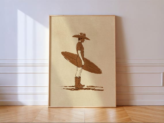 Coastal Cowboy Surfer Print Western Line Art Vertical Beach House Wall Decor
