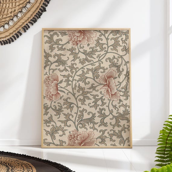 Floral Chinese Pattern Art Print, Asian Botanical Decor