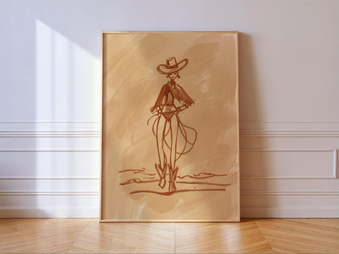 Stylish Cowgirl with Lasso Brown Ink Sketch Western Fashion Poster