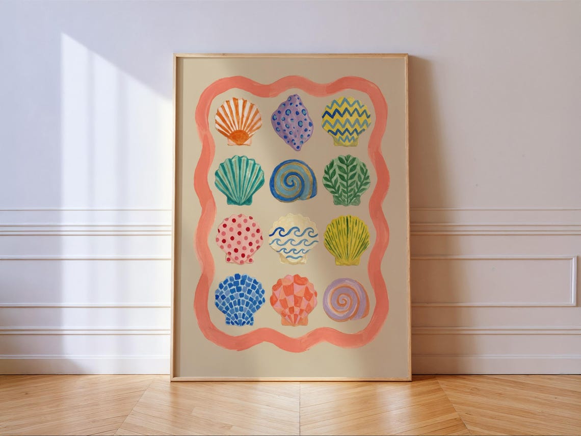 Colorful Patterned Seashells in Coral Wavy Frame Coastal Art Poster