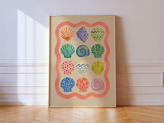 Colorful Patterned Seashells in Coral Wavy Frame Coastal Art Poster