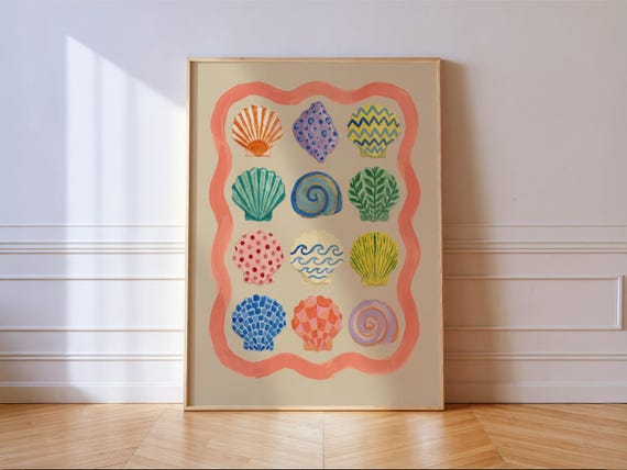 Colorful Seashell Collection Print With Coastal Watercolor Coral Wavy Border Beach House Wall Art