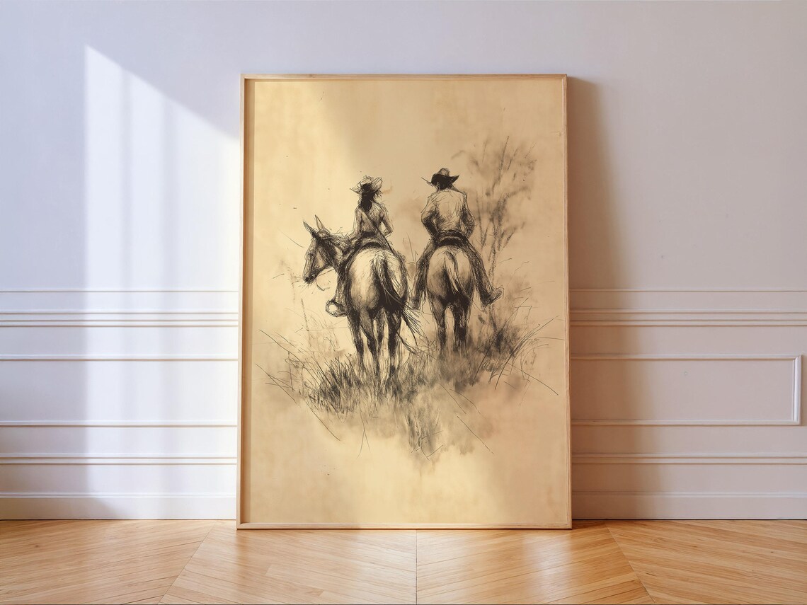 Cowboy Cowgirl Art Print, Rustic Western Sketch