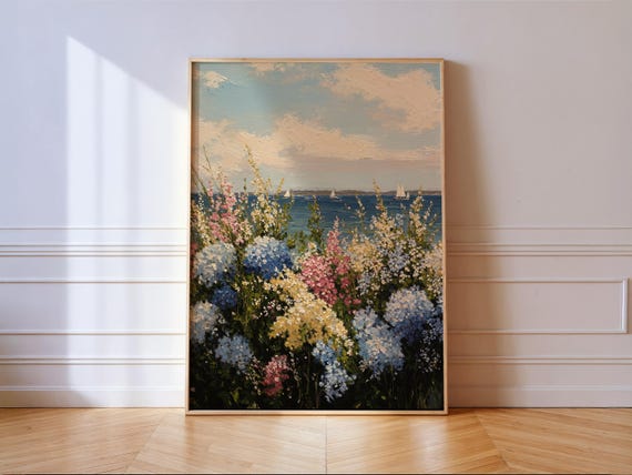Romantic Hydrangea Seaside Garden Art Print Floral Coastal Wall Beach House Decor