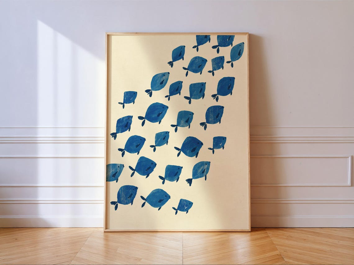 Blue Fish School Folk Art Print Nautical Square Body Wall