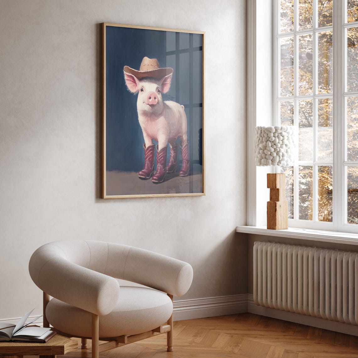 Cowboy Pig In Hat And Red Boots Navy Funny Farm Animal Art Poster
