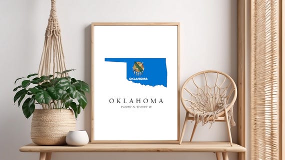 Oklahoma Map Print Flag Latitude Longitude Coordinates Poster Wall Art Home Dcor