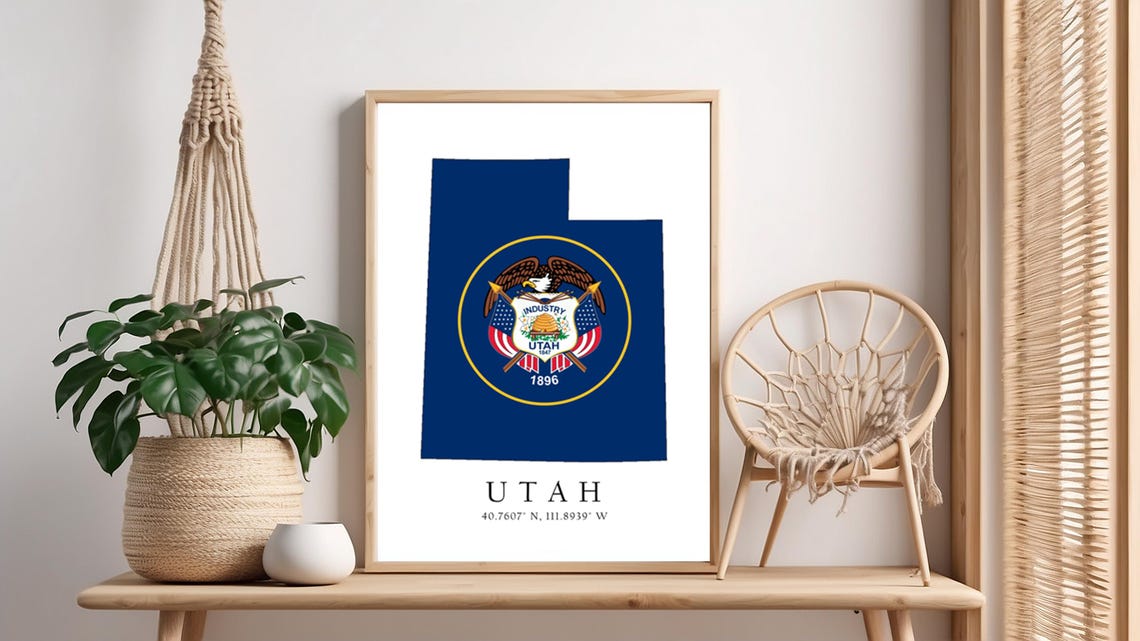 Utah Map Print Flag Latitude Longitude Coordinates Poster Wall Art Home Dcor