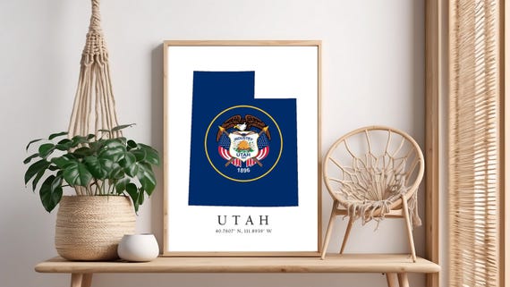 Utah Map Print Flag Latitude Longitude Coordinates Poster Wall Art Home Dcor
