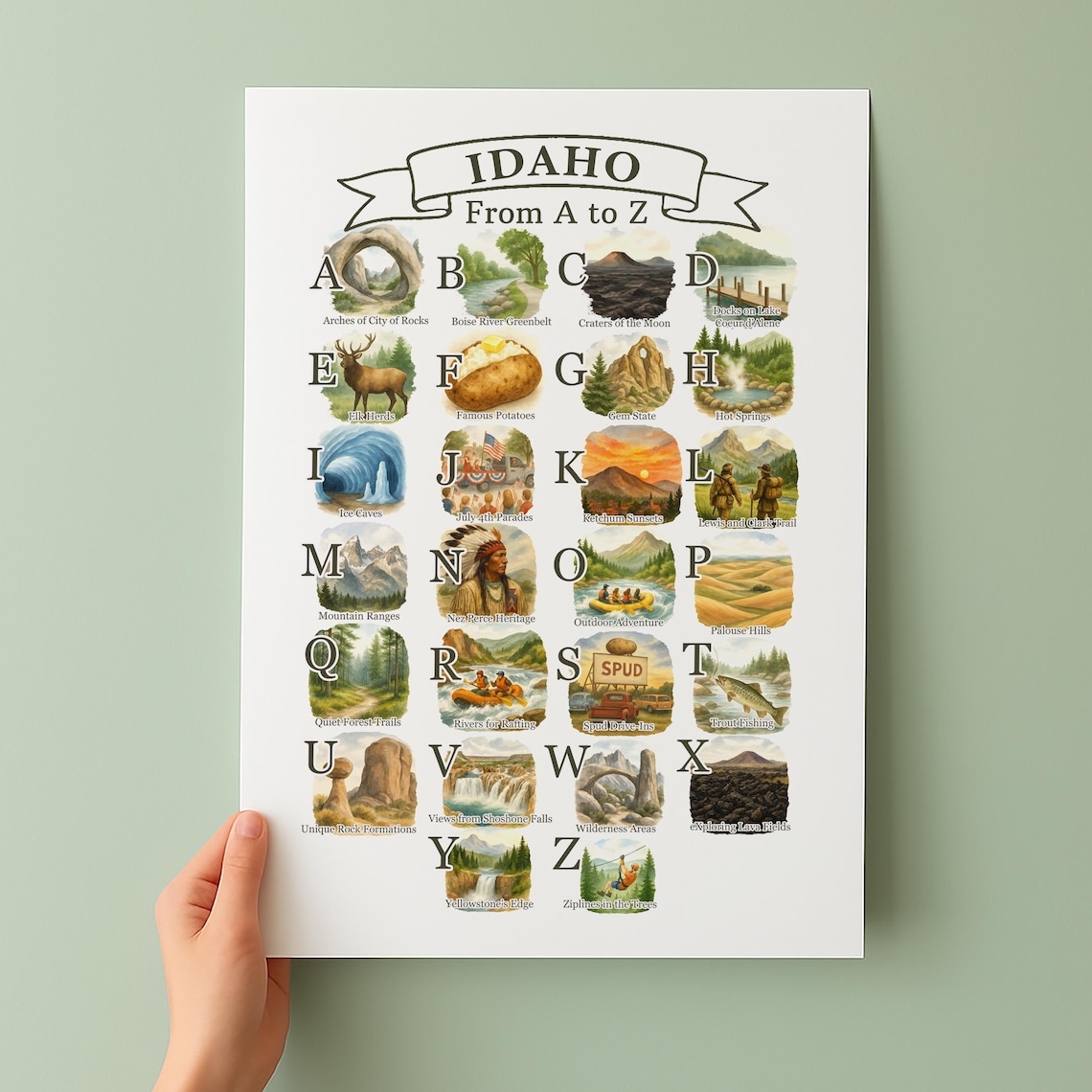 Idaho From A to Z Alphabet State Symbols Icons Travel Poster