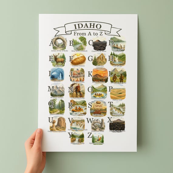 Idaho Alphabet Poster A To Z State Symbols And Icons Unique Travel Gift Wall Art Decor