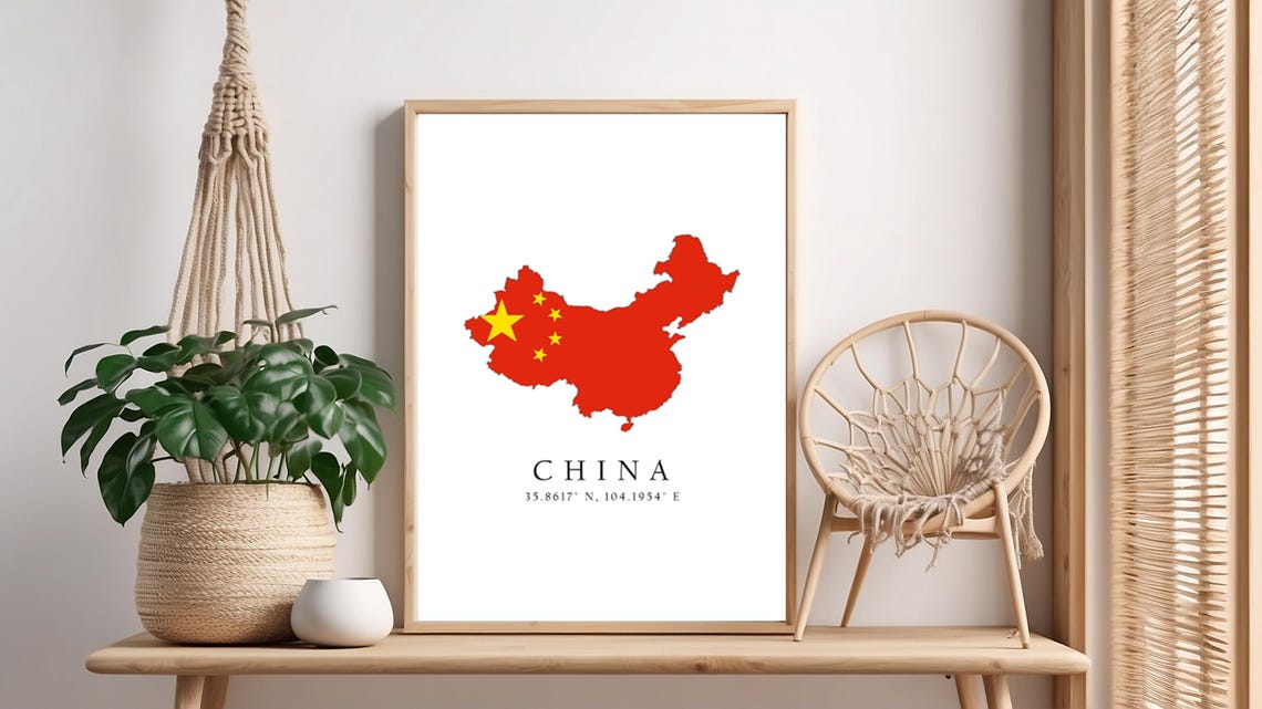 China Flag Map Red Country Silhouette with Coordinates Poster