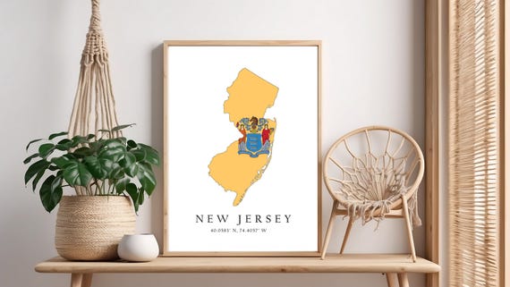 New Jersey Map Print Flag Latitude Longitude Coordinates Poster Wall Art Home Dcor