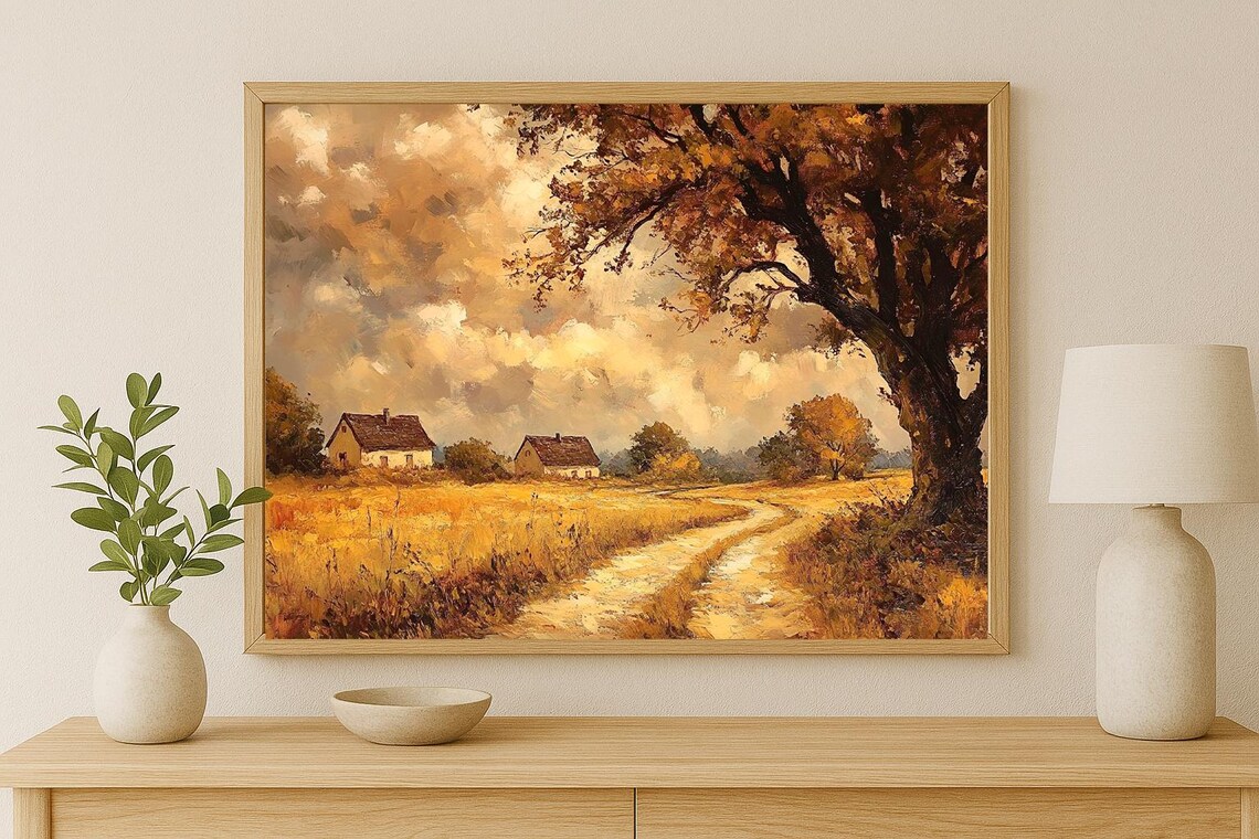 Autumn Countryside Road Old Farmhouses Warm Oil Painting Poster