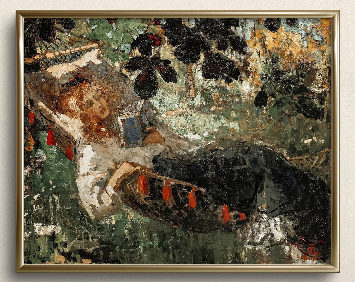 Young Girl Reading in a Hammock, Book Lover Art Print