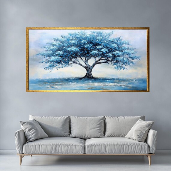 Elegant Blue Tree Art Textured Palette Knife Painting Modern Abstract Tree Wall Decor Serene Nature Artwork For Home