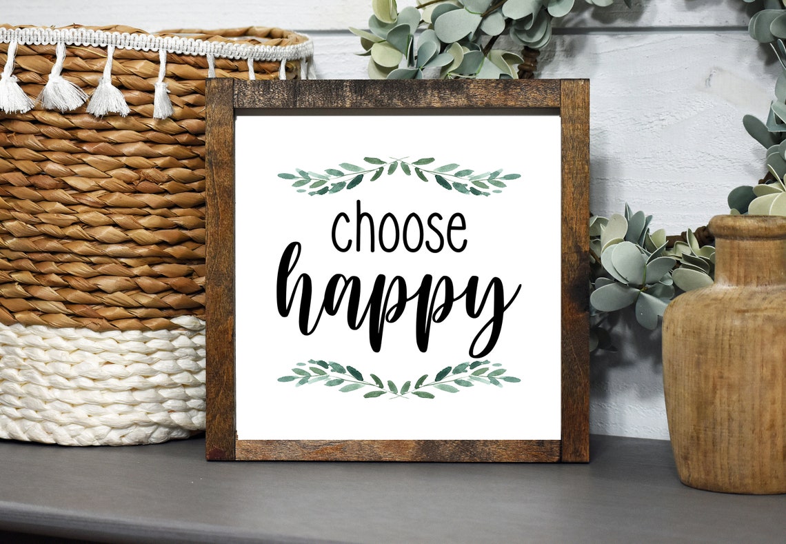 Choose Happy Greenery Sprigs Rustic Framed Shelf Sign Poster