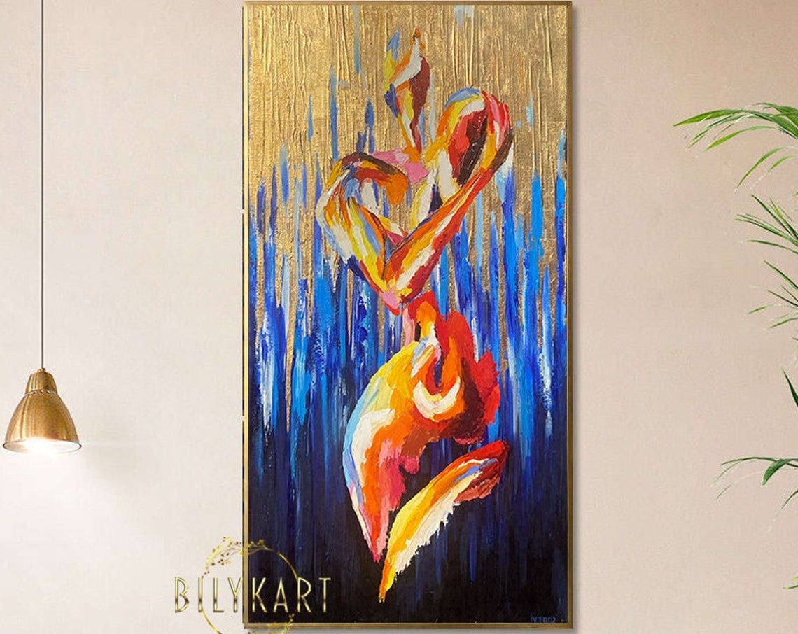 Dancing Nude Woman Abstract Gold Blue Figurative Painting Print