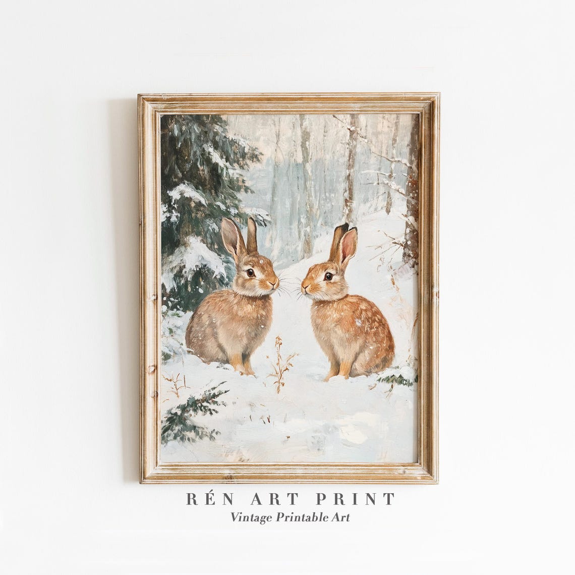 Two Woodland Rabbits in a Snowy Winter Forest Bunny Painting Art Print