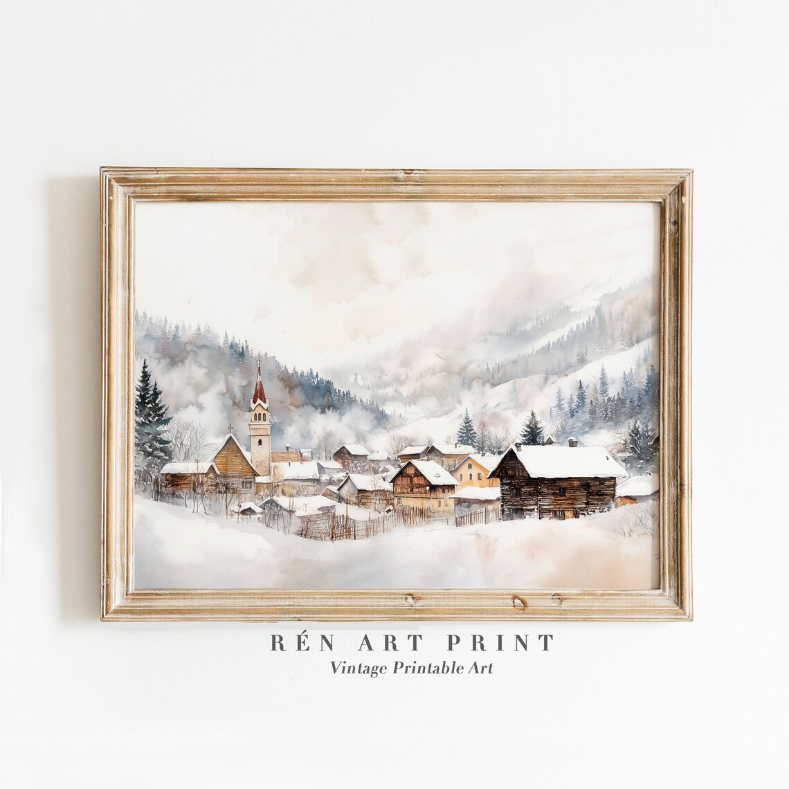 Snowy Village Painting, Vintage Neutral Christmas Art Print