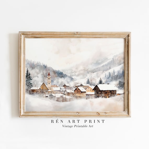 Snowy Village Painting, Vintage Neutral Christmas Art Print