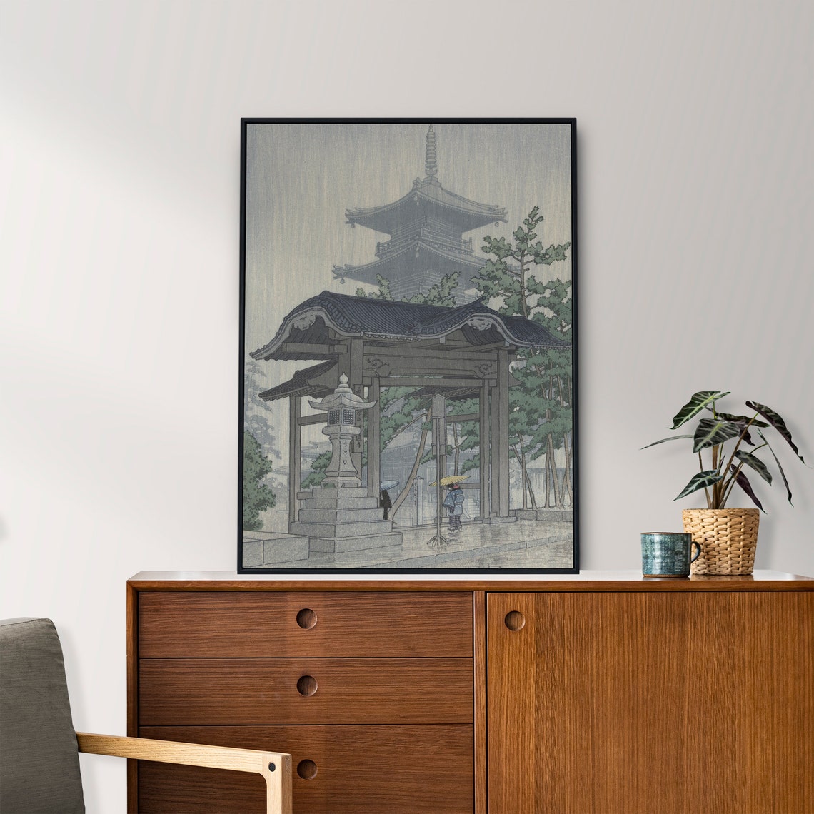 Rainy Japanese Temple Gate Woodblock Print Pagoda Rain Scene - Image 3