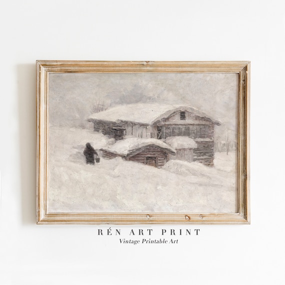 Quiet Snow Covered Log Cabin Blizzard Rustic Winter Vintage Print