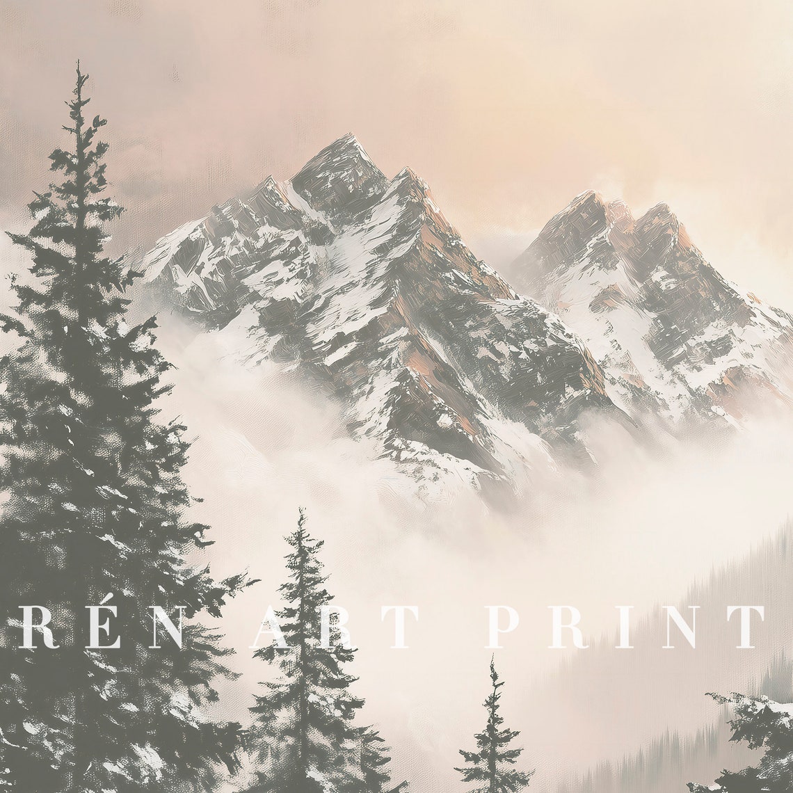 Misty Snowy Mountain Peaks with Pine Trees Winter Art Poster