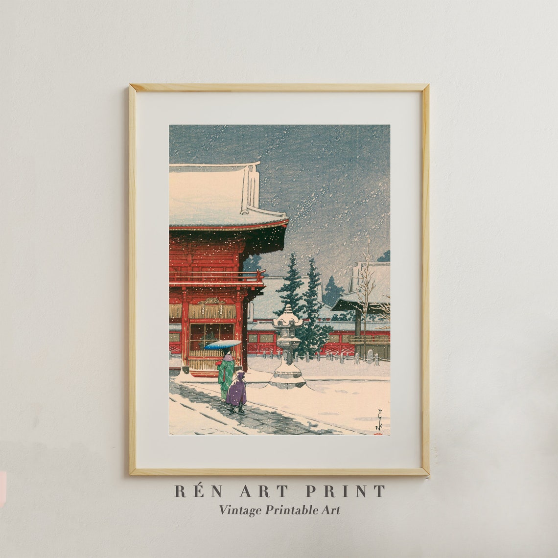 Red Winter Japanese Woodblock Snowy Temple Shrine Vintage Wall Art