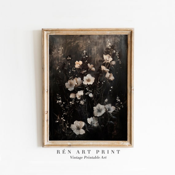 Dark Flower Painting Vintage Daisies Art Moody Floral Art Print Antique Blossom Flower Painting Dark Academia Decor