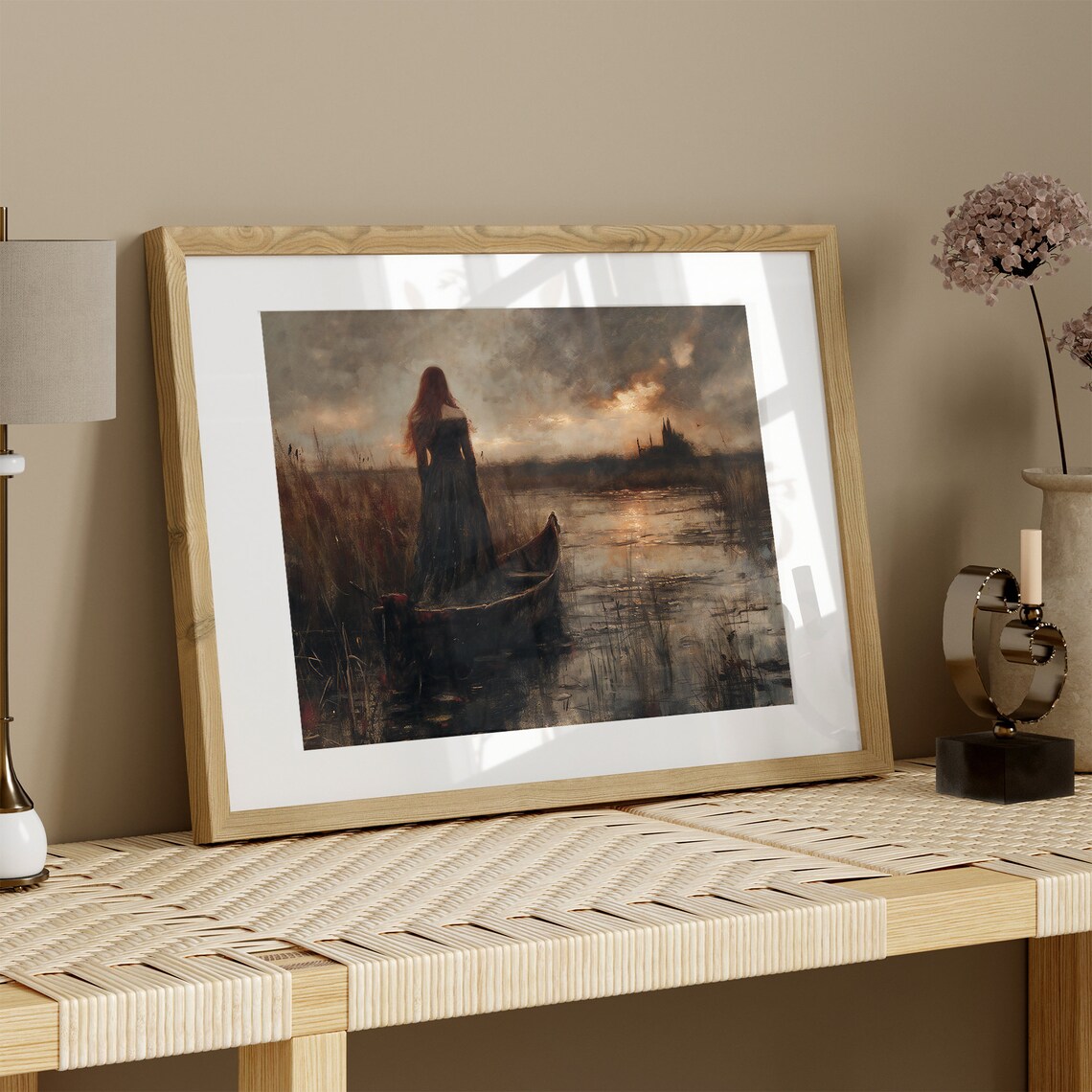 Red Haired Woman in Boat on Misty Marsh at Sunset Moody Art Poster - Image 2
