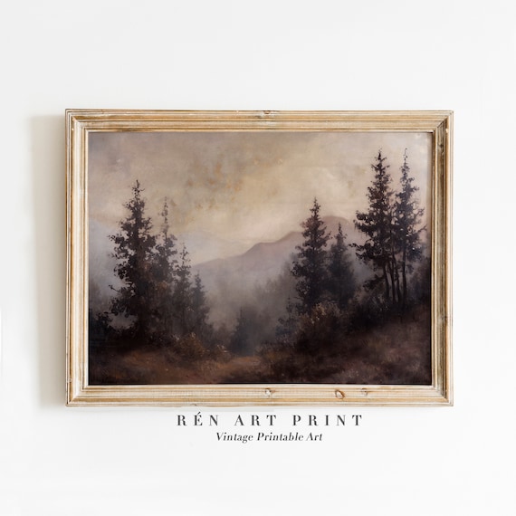 Vintage Pine Forest Art Print, Rustic Moody Landscape