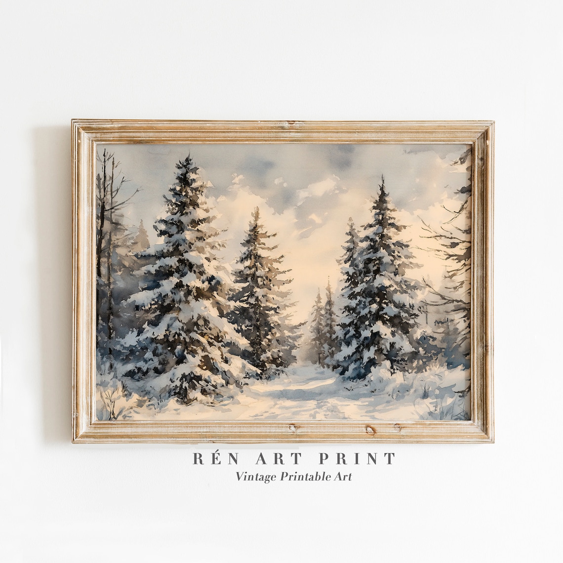 Vintage Winter Pine Forest Art Print, Rustic Holiday